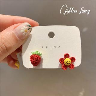 S925 Silver Needle Korean Red Flower Strawberry Earring Cute Smile Face Earrings