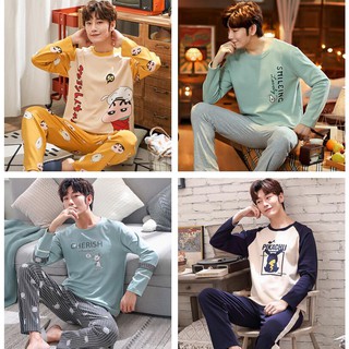 Pure Cotton Men Pajamas Korean Fashion Men's Sleepwear Long Sleeve Nightwear Male Homewear Casual Suits Pajamas Terno Long Tops +Long Pants 2PCS Pyjamas Set Spring Autumn (1)