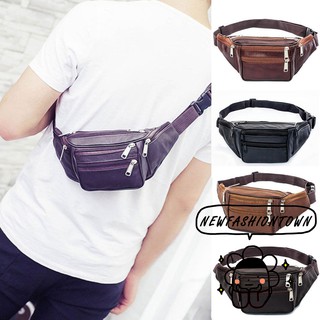 NOO-NEW Black Leather Fanny Pack- Mens Waist Belt Bag
