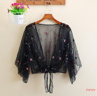 CYTX-Women Mesh Sheer Cardigan Exquisite Flower Embroidery Loose Tops Beach Blouse Bathing Suit Cover Ups