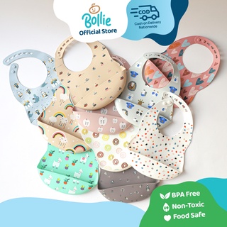 Bollie Baby Patterned Silicone Feeding Bib with Food Catcher and Adjustable Snaps BPA Free