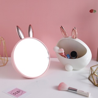 Cute Bunny Ears Pink Desk Mirror PVC Multipurpose Storage Organizer (1)