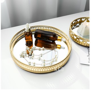 Retro Style Golden Iron Delicate Glass Mirror Base Tray Bedroom Desktop Jewelry Cosmetic Storage Tra (2)