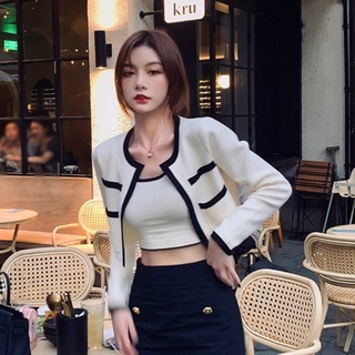 Fashion contrast color knitted cardigan jacket women's camisole short jacket two-piece suit