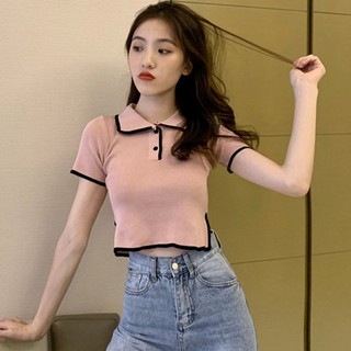 Colorbob Women Korean Casual Collar Contrast Crop Top Knitted Short Sleeve Polo T-Shirt