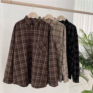 Vintage Women Plaid Shirts Loose Oversize Long Sleeve Button Up Fall Shirt Casual Pocket Female Tops