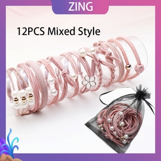 ZinG 12PCS box head rope Korean flowers and pearls in a ponytail hair band cartoon simple hair accessories in solid color hair rope