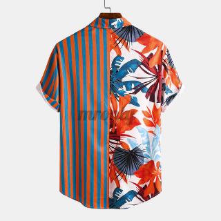 MR Mens Summer Casual Printed Patchwork Short Sleeve Baggy Lapel Top (5)