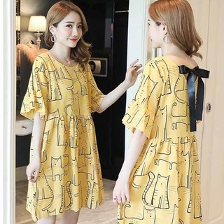 Women's Plus Size Maternity Dress Korean Style Cartoon Printed Round Neck Short Sleeve Midi Dress Kitty Pattern Casual Summer Loose Fit Dress for Pregnant Lady (1)
