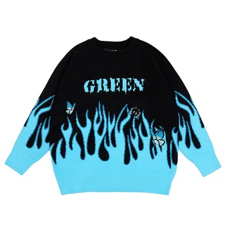 Hip Hop Streetwear Men Sweater Autumn Harajuku Gradient Butterfly Fire Flame Male Knitted Sweater Vi