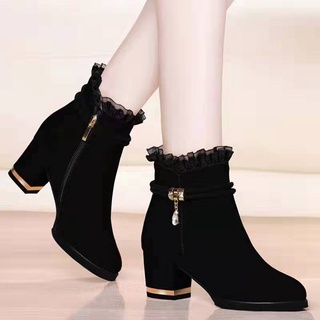 ] Thick Heel 2020 Side Zipper Lace All-Match Nude Boots Warm Women's Brushed Spring Autumn Sexy Winter S