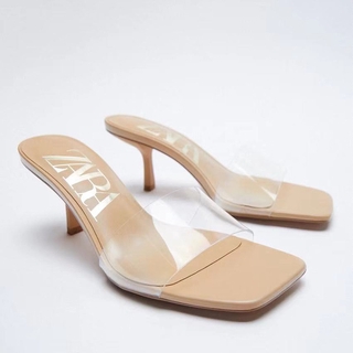 [Ready Stock] ZARA New style square open toe back thin heel high heels transparent rubber sandals