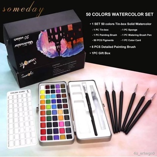 【Happy shopping】 Someday 50 Colors Solid Watercolor Gift Set with 6Pcs Detail Painting Brush for Dra