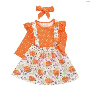 ◈✻❀BBWORLD Kid Girl Cute Polka Dot Top Pumpkin Strap Skirt Rompers Clothes Set Baby Soft Clothing