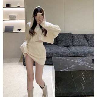 Fashion Suit Women's Autumn 2021 New Style Hooded Knitted Sweater Skirt Two-Piece