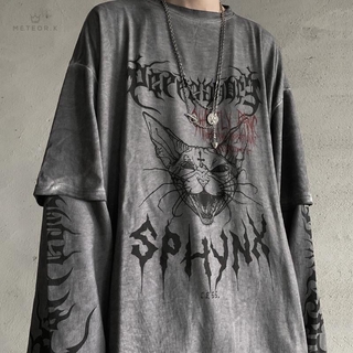 Street dark style Gothic print cat head loose retro long-sleeved T-shirt Top (1)