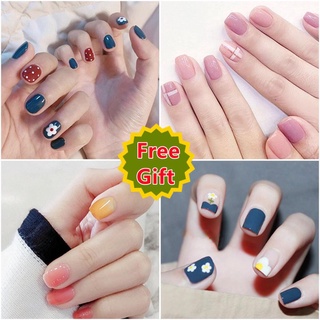 【With Glue】24Pcs Fake Nails with Glue DIY Flase Nail Set French Finger Nail Art Decoration