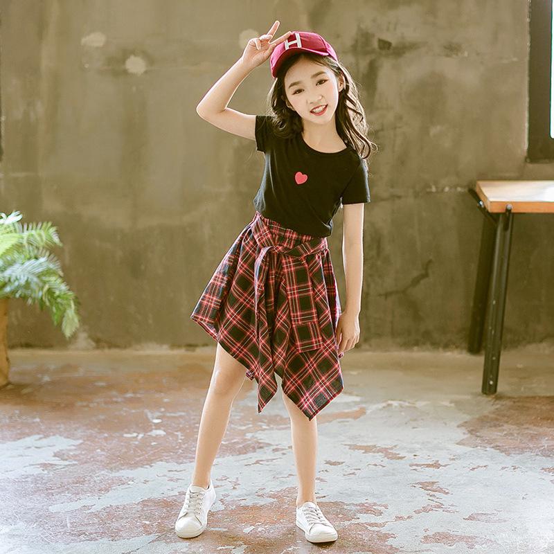 2pcs set Summer Teen Kids Clothes Set For Girl Heart Pattern Tshirt+Plaid Skirt Suit For Girls Kids Outfits Teenage Clothing 4 5 6 7 8 9 10 11 12 Y