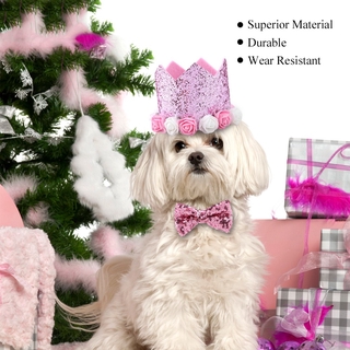 Fashionable Christmas Birthday Party Pet Dogs Cats Shiny Flower Crown Hat Bow Tie Set Pink (2)