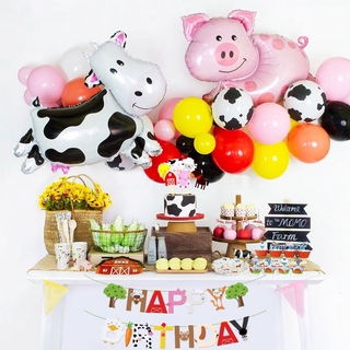 Farm Animal Theme Birthday Party Decorations Cow Pig Wrapper Cake Topper Banner Balloon Happy Birthday Party Favors Supplies