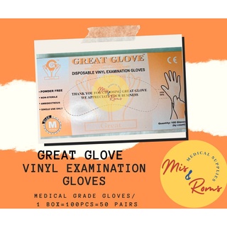 GLOVES/GREAT GLOVE Disposable Vinyl Examination Gloves/ Vinyl Gloves/ Clear Vinyl 1 BOX=100PCS