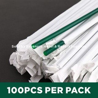 1pack 100pcs Disposable Straw Green Straw Individually Paper Packaging Drinking Straw