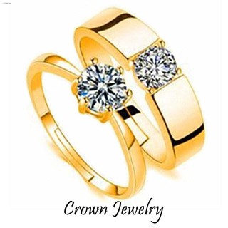 flowers♘☬▨Crown Jewelry 24k Korean Single Stone Couple Adjustable Ring Gold-Plated Wedding Ring with