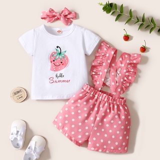 Newborn Baby Girl Clothes Toddler Baby Girls Cute Outfit Set Strawberry Cartoon Short Sleeve T-shirt + Polka Dot Overalls + Headband (1)