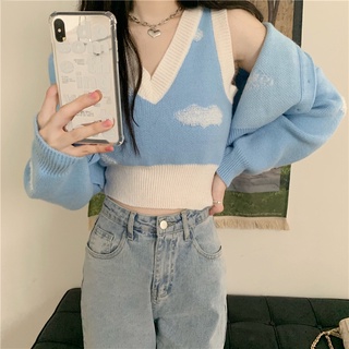 [FITTINGROOM]Korean women fashion long sleeve sexy blue knitted cardigan jacket crop top+ camisole two piece suit (6)