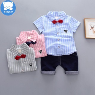 BabyL 2pcs Boy Baby Striped Tie Jacket + Jeans Clothes Set (1)