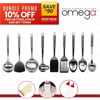 Omega Houseware Kingston Stainless Steel Kitchen Utensils Set of 9 Free Mittens, Apron & Ref Towel (1)