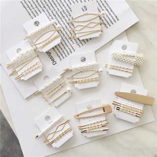 INS pearl set hairpin combination fashion metal hairpin one word clip sweet girl metal pearl hairpin combination hairpin