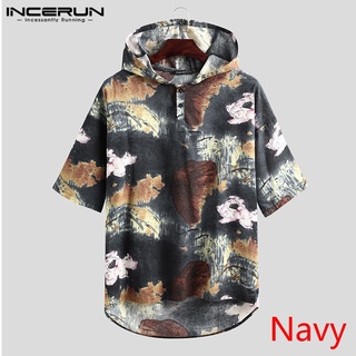 Men Clothes☼INCERUN Men's Retro Ethnic Printed Short Sleeve Hooded Casual Top