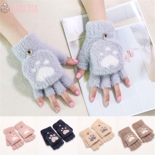 DIACHA Lovely Knitted Finger Gloves Women Girls Woolen Half Finger Gloves Winter Warm Paw Claw Fluffy Bear Plush Thick Mittens/Multicolor