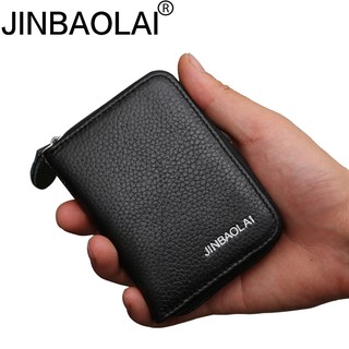JINBAOLAI Men Genuine Cow Leather Mini Wallet Small Zipper Purse Money Credit Card Holder