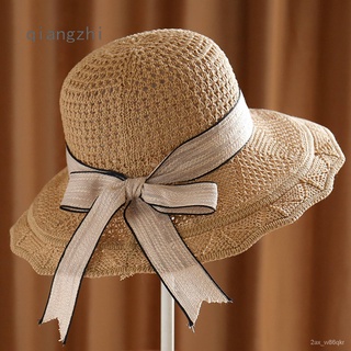 QZH Women Ladies Summer Sun Beach Straw Hat Floppy Wide Brim Foldable Cap Bucket-Hat