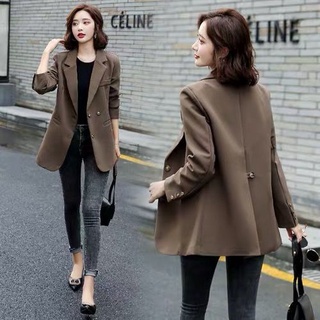 【LadyOne 】 Blazer Women Korean Style Loose Suit Jacket Women's Loose Long Sleeve Brown Jacket with Split Back