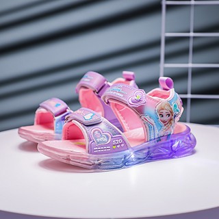 Ready Stock Kids Shoes Girls Sandals Frozen Princess Elsa with Velcro Summer LED LuminousBeach Shoes