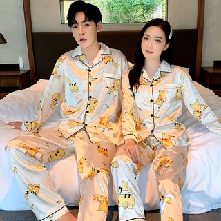 【READY STOCK】Couple Sleepwear Silk Pikachu Long Sleeve Long Pants Pajamas Nightwear Couple Pajama Terno