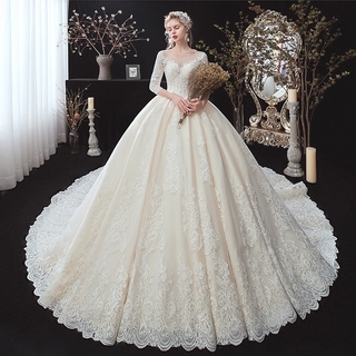 Luxurious Bright Wedding Dress Half Sleeve Slim Fit Long Tail Bridal Ball Gown Dresses