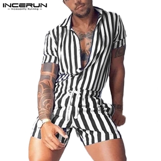 INCERUN Men's Casual Striped Short Sleeve Lapel Short Jumpsuit