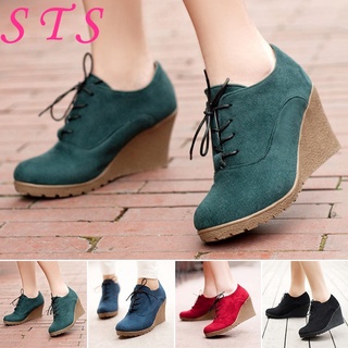 Fashion Women Wedge High Heel Boots Lace Up Round Toe Ankle Boots Casual Shoes