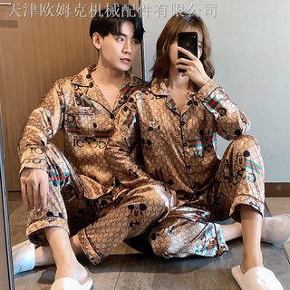 ◎№♤M-5XL Plus Size Couple Pajamas Golden Mickey Silk Cardigan Sleepwear Satin Ilang pajama terno (1)