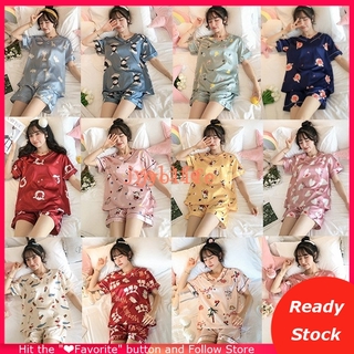 2020 New Fashion Women Silk Satin V-neck Pyjamas Set Short Sleeve M-2XL Ladies Sleepwear Pajamas Nightwear Sleep Suit Baju Tidur