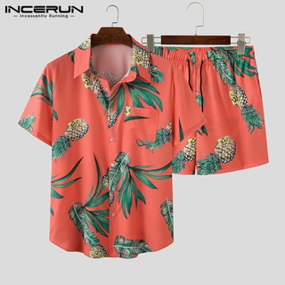 INCERUN Mens Casual Short Sleeve Shirts+Floral Shorts Beach Set