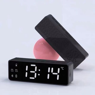 Bluetooth Speaker with FM Radio LED Mirror Alarm Clock Music Player Snooze Desktop Clock Wireless