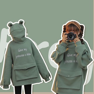 AIBITIM Women Autumn Thick Loose Sweatshirt Letters Printed Lovely Frog Casual Hooded Hoodies Pullover