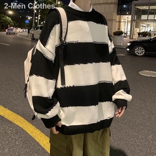 ☬☒▩Winter Japanese Hong Kong style sweater men s chic shirt thick stripes vintage casual jacket wild