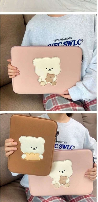 Fun Study|Exclusive Korean Cute Bear Pink Mac Apple Laptop Pack Girl Heart Cute Cartoon Embroidery (6)