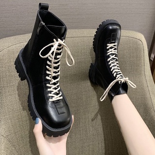 Short Boots Martin Female British Style 2021 Autumn Winter All-Match Lace-Up Fashion Thick-Soled Hei
